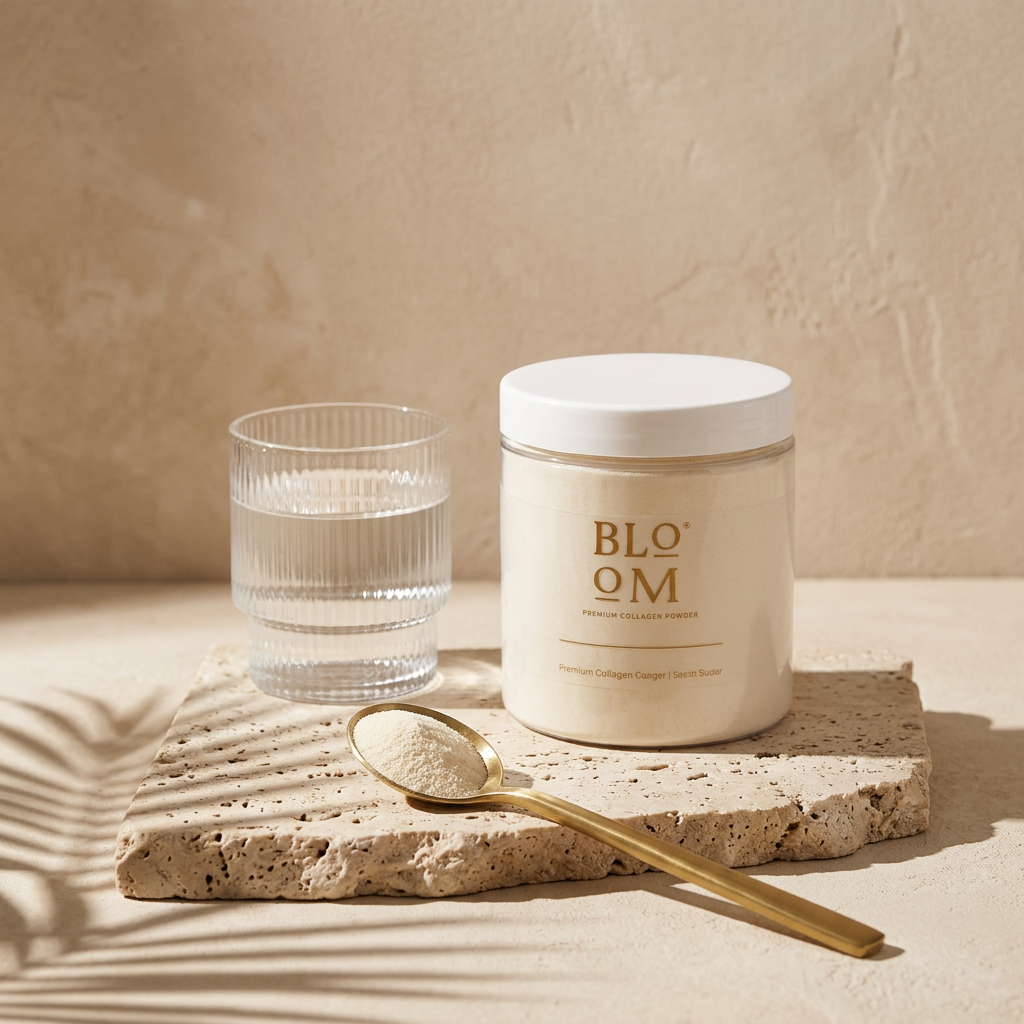 Bloom hydrolysed collagen jar beside water and a gold serving spoon