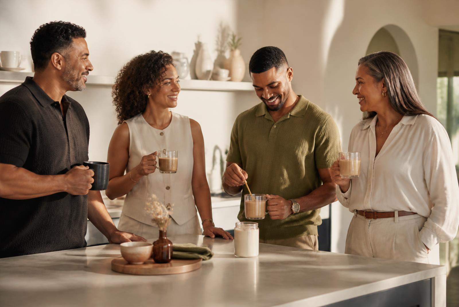 South African women and men sharing a warm morning collagen ritual together