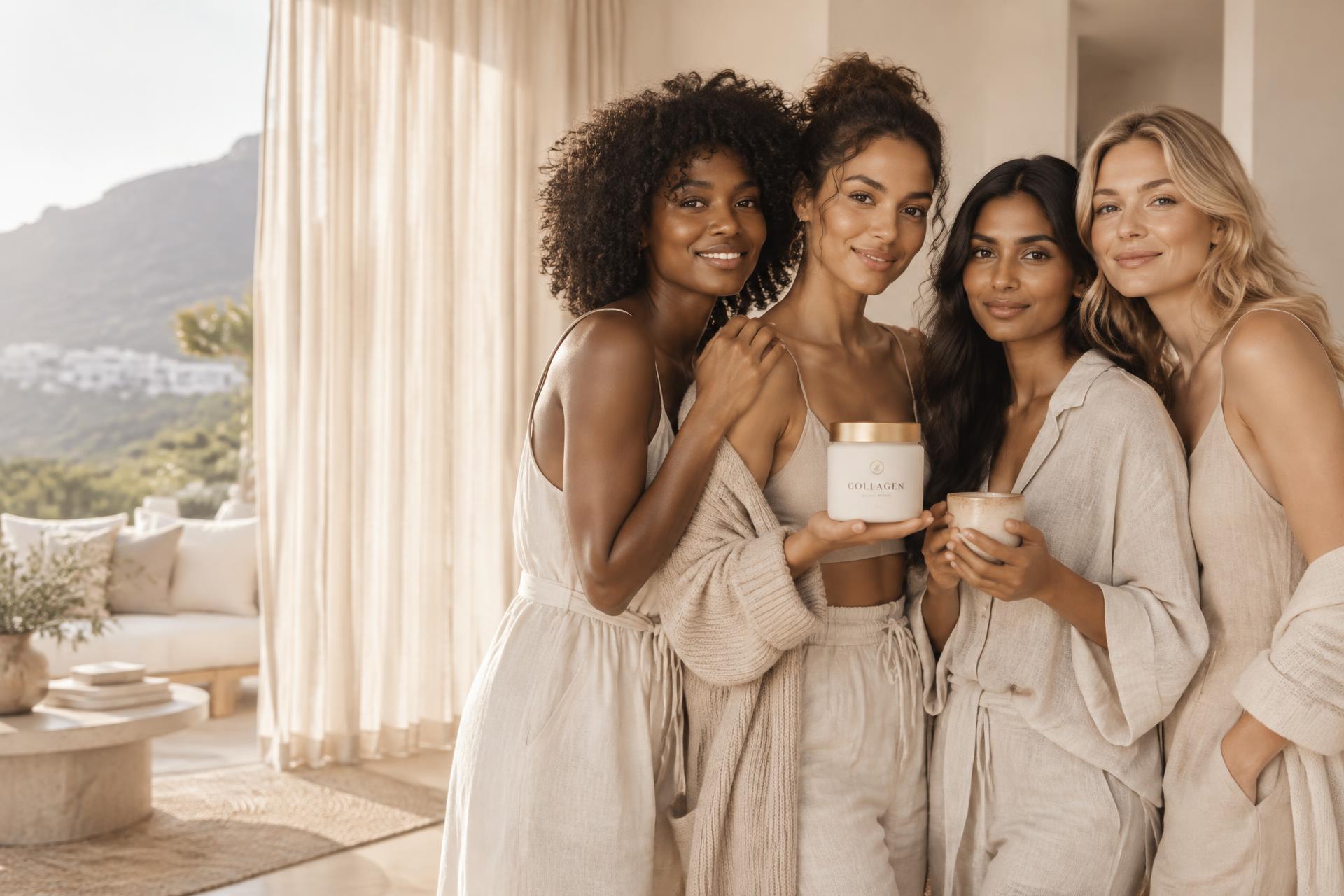 Four women of diverse backgrounds sharing a Bloom collagen ritual